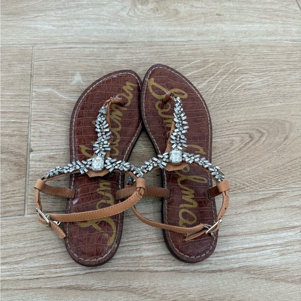 Sam Edelman Gigi Tan Rhinestone T-Strap Slingback Thong Sandal - Picture 2 of 4